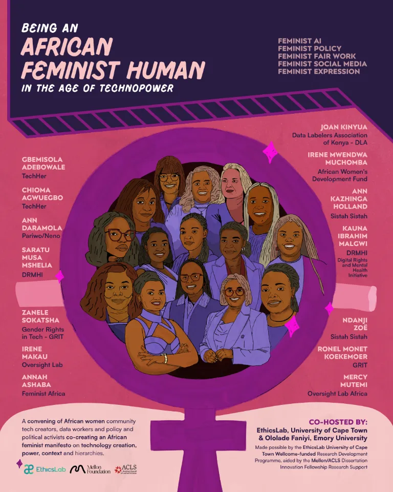 Poster for Being an African Feminist Human in the Age of Technopower, featuring African women community technology creators.